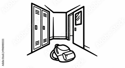 A backpack lies on the floor in a hallway with lockers and doors
