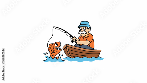 Cartoon Fisherman Catching Fish in Boat on White Background