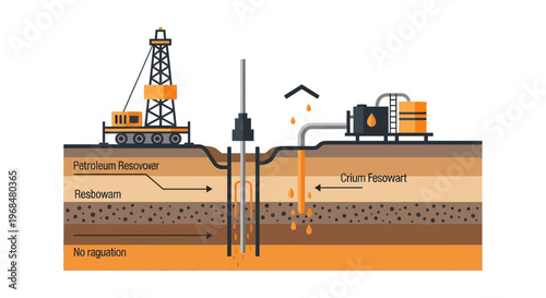Detailed flat illustration showing the process of petroleum extraction from a subsurface reservoir using a drilling rig and pumping system, set against a layered geological formation