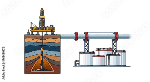 Conceptual illustration of an onshore process showing a drilling rig extracting petroleum, connected by a pipeline to a tank farm against a clean white background, rendered in a flat