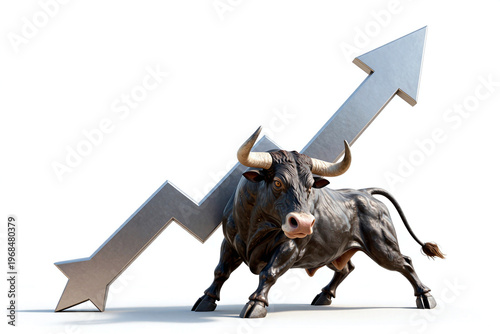 An aggressive strong bull supporting an upward pricing arrow. Concept for stock market rally, bullish uptrend, crypto price rising, growth increasing, booming economy. Isolated on white background.