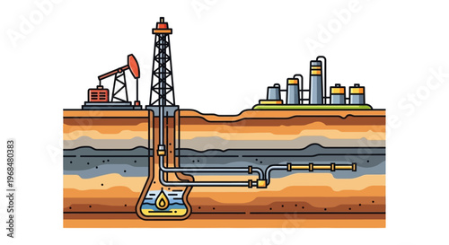 Stylized cross-section illustration showing an underground oil deposit being tapped by a drilling rig and pipelines that lead to surface-level industrial infrastructure, depicted