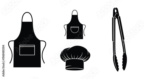 Culinary tools and chef s attire depicted in flat black silhouette