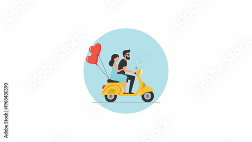 Couple riding yellow scooter with heart balloons illustration