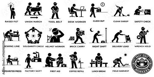 労働者の日をテーマにした職業アイコンセット（多様な働き方）、Labor Day Worker Icons Set Showing Diverse Occupations