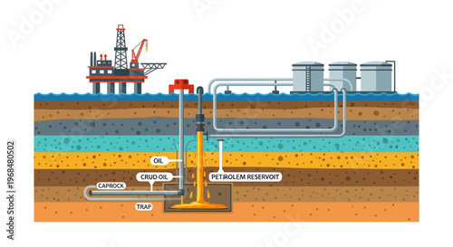 Overhead view of an illustrative diagram displaying underground petroleum extraction and the pumping process from a reservoir, showing the oil deposit and pipeline system