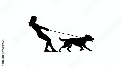 Silhouette of woman being pulled by a dog on a leash
