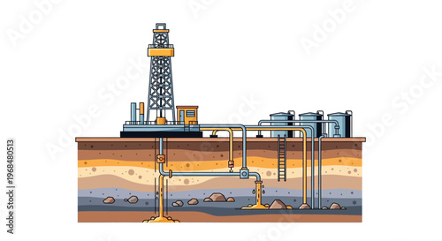 Illustrated diagram of an oil and gas drilling operation showing the underground formation and petroleum extraction process with pipelines connecting the well to the pumping equipment, set