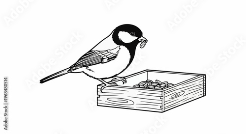 A black and white drawing of a small bird perched on a wooden feeder filled with seeds