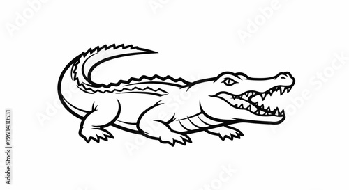 A black and white drawing of an alligator with its mouth open, showing sharp teeth