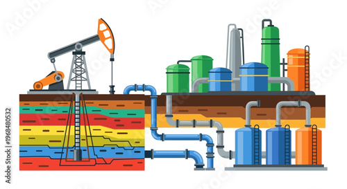A detailed diagram illustrates the complex process of petroleum production, showing a pumping unit and pipeline connected to a reservoir beneath the earth, with colorful layers depicting