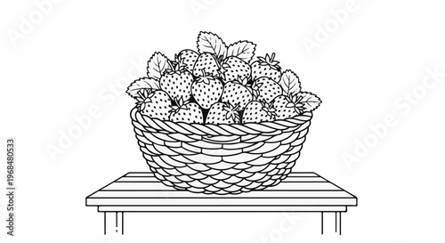 A black and white drawing of a wicker basket brimming with ripe strawberries