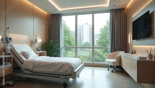 Modern hospital room with large window overlooking trees. Features adjustable bed medical equipment and comfortable seating for patient recovery and care. Clean bright minimalist design.