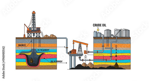 Diagram illustrating the geological process of petroleum formation and extraction from an oilfield, showing layers of sediment and a pumping unit connected by a pipeline, with vibrant
