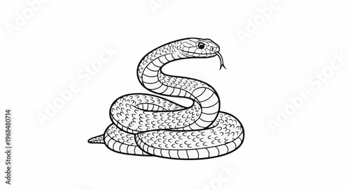 A black and white illustration of a coiled snake with its tongue flicking