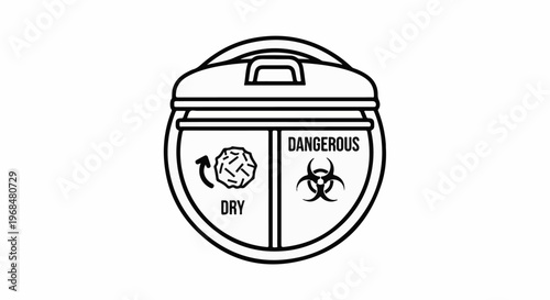 A black and white illustration of a divided bin with a lid, marked for dry waste and dangerous materials