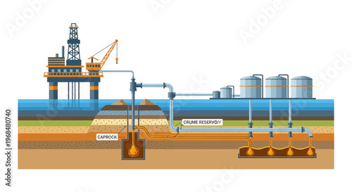 Detailed diagram shows underground petroleum formation and a surface oilfield with pumping equipment connected to a rig via a pipeline, set against a clean white background in a graphic