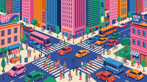 Canvas-taulu City Street with Traffic and Buildings.