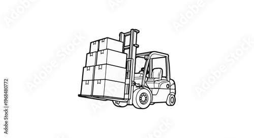 A black and white illustration of a forklift carrying a tall stack of cardboard boxes