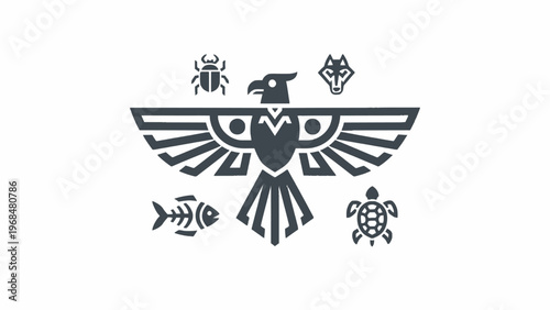 Tribal Thunderbird Eagle Icon with Wolf Beetle Fish and Turtle