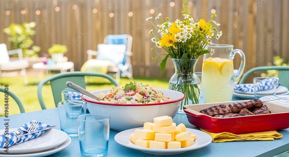 Fototapeta premium summer brunch table setting with fresh salad and lemonade