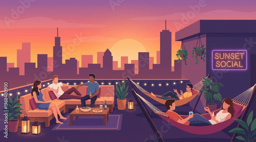 Bild auf Leinwand People Relaxing on Rooftop Patio.