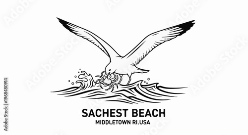 A black and white illustration of a seagull catching a crab amidst ocean waves