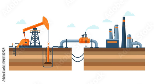 Diagrammatic illustration showcasing the process of petroleum extraction from the earth using a pump jack connected via pipeline to a refinery, rendered in a flat, graphic style