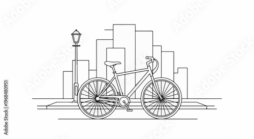 A line drawing depicts a bicycle in front of abstract city buildings and a lamppost
