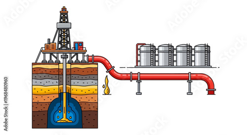 A detailed technical illustration depicts an oil drilling process showing a rig connected by a red pipeline to storage tanks with a cutaway view of the geological formation under the earth