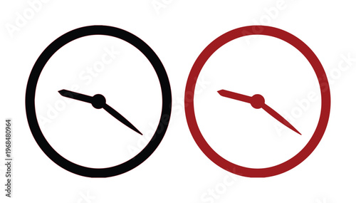 Minimalist clock icon set, two simple round time indicators, black and red clock faces with hands, essential vector graphic for deadlines and scheduling