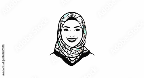 A black and white illustration of a smiling woman wearing a colorful patterned hijab
