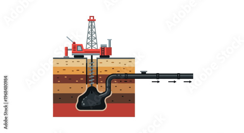 Illustrated diagram of an oil drilling rig extracting oil from a subsurface reservoir, with a pipeline for transport displayed in cross-section, set against a plain white background