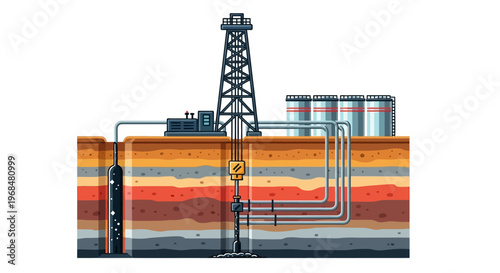 Illustration of a drilling rig, subsurface oil and gas extraction process, and storage tanks