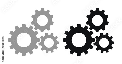 Industrial gear mechanism vector set, three interlocking cogwheels in gray and black, mechanical engineering components, system process and teamwork concept graphic resource