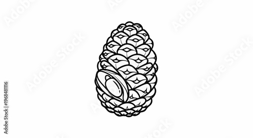 A detailed black and white line drawing of a single pine cone with scales and a seed