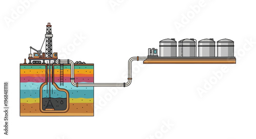Illustration depicting oil and gas extraction process showing drilling rig, underground layers, pipelines, and storage tanks