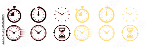 Modern Time and Clock Icon Set, black and gold vector collection for deadlines and scheduling, hourglass and stopwatch symbols for productivity and urgency