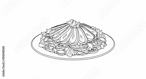 A black and white line drawing depicts a piled salad on a plate