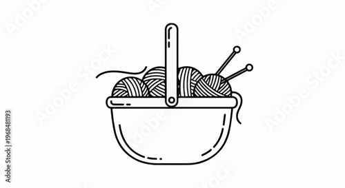 A black and white line drawing of a basket overflowing with yarn balls and knitting needles