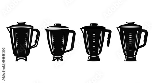 Four black blender illustrations showcase varying designs a striking silhouette