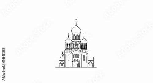 A detailed outline drawing of a grand church with multiple domes