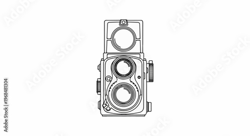 A detailed outline drawing of a vintage twin-lens reflex camera