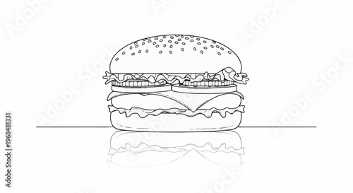 A line drawing of a classic double-patty hamburger with toppings and reflection