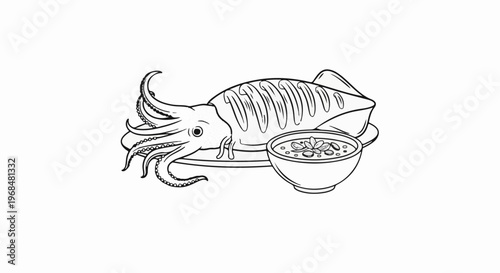 A line drawing of a cooked squid with tentacles on a plate and a dipping sauce