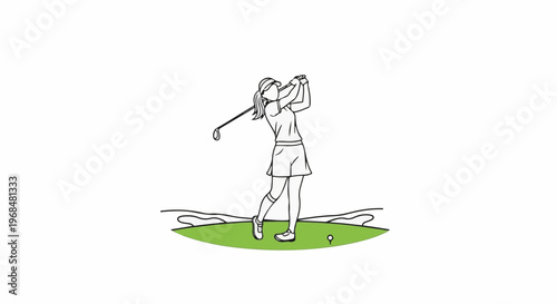 A line drawing of a female golfer swinging her club on a green