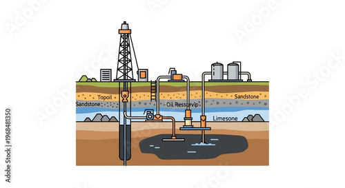 An illustrated diagram showing the extraction of crude oil and natural gas from underground geological formations, including sandstone and limestone layers