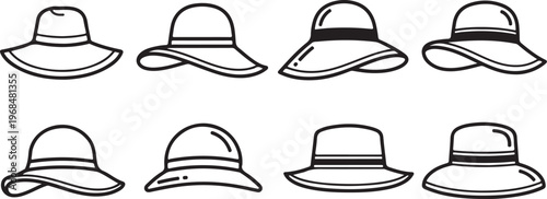 Drawing of eight different types of hats lined up horizontally Vector