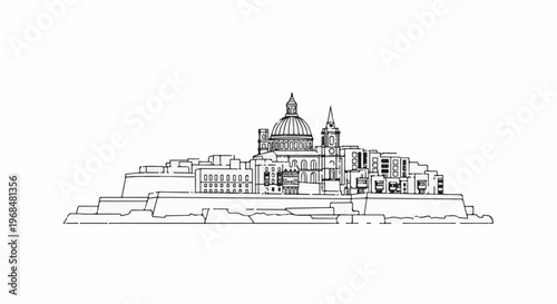 A detailed sketch of a fortified city skyline with domed and spired buildings
