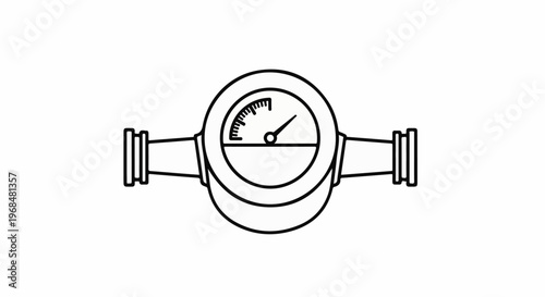 A line drawing of a flow meter with a dial and two pipe connectors